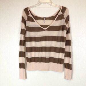 Free People Brown Tan V-Neck Striped Lightweight Sweater size XS